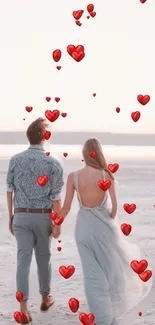 Couple walking on beach with floating red hearts in a romantic setting.