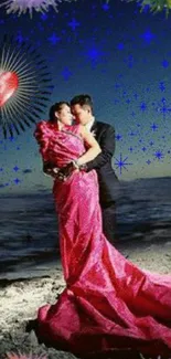 Couple in pink gown on a starry beach.