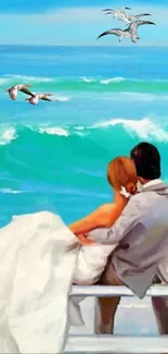 Romantic couple embracing on a beach with ocean waves.