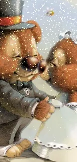 Romantic bear couple dancing in cute embrace with snowfall.