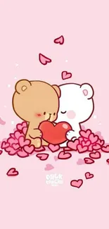 Cute teddy bears with red heart on pink background wallpaper.