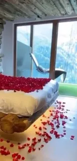 A rustic bedroom with red rose petals on bed.