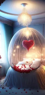 Romantic fantasy bedroom with heart balloon and rose petals.