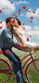 Romantic couple on bicycle with floating red hearts.