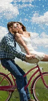 Couple kissing on a bicycle under a blue sky.