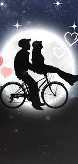 Silhouette of couple on bicycle under the moon with hearts and stars.