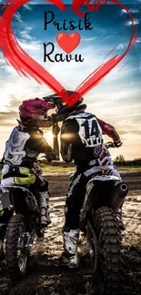 Couple on motorcycles kissing under a heart at sunset.