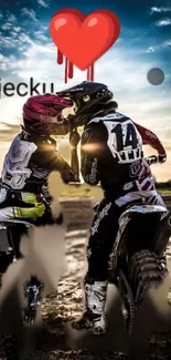 Romantic motocross couple at sunset with heart symbol.