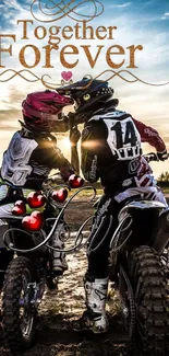 Romantic motocross couple at sunset with Together Forever text.