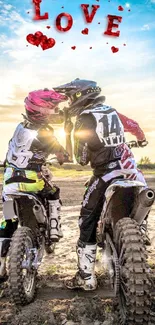 Two motocross riders sharing a romantic moment at sunset under a sky filled with love.