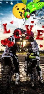 Romantic biker couple with love sign and vibrant sky.