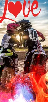 Romantic bikers sharing love under colorful sky with vibrant colors.