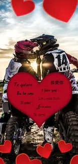 Romantic couple on motorcycles with heart symbols and love messages.