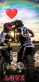 Romantic couple on motorcycles under rainbow with heart.