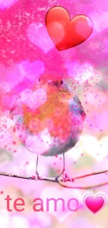 Romantic bird on a branch with pink flowers and 'te amo' text.