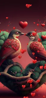 Romantic heart-shaped scene with two birds.