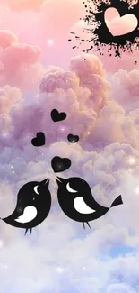 Romantic birds and hearts in pastel cloudy sky wallpaper.