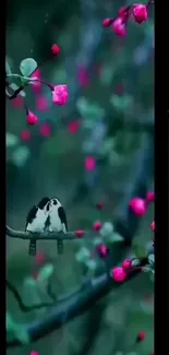 Romantic birds on a cherry blossom tree with elegant window frame.