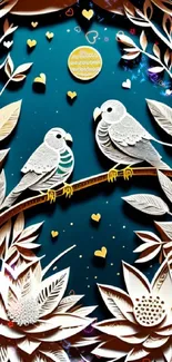 Paper-cut birds on teal background with intricate floral details.