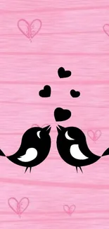 Romantic black lovebirds on pink mobile wallpaper with hearts.