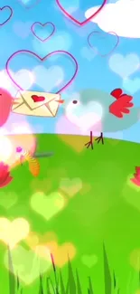 Two cartoon birds share a love letter on a bright green field with colorful hearts.