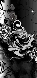 Black and white romantic roses with hearts wallpaper design.