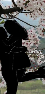 Silhouette of couple among cherry blossoms.