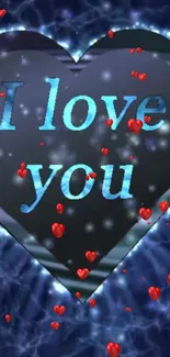 Romantic blue heart wallpaper with love message and floating red hearts.