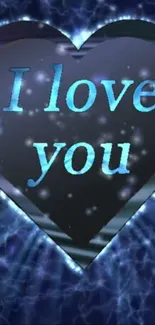 Romantic blue heart wallpaper with 'I love you' text and glowing background.