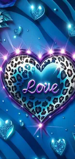 Blue leopard heart with love text and floral design.
