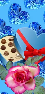 Romantic blue heart wallpaper with rose and chocolates.