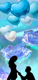 Romantic wallpaper with blue heart balloons and roses.