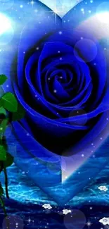 Blue rose in heart over ocean waves.