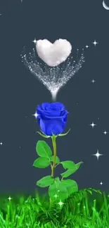 Blue rose with heart cloud under night sky wallpaper.