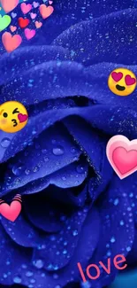 Blue rose wallpaper with love emojis and droplets.