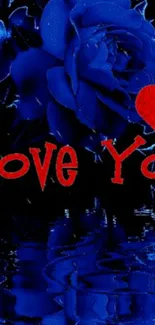 Romantic blue rose with red heart and 'Love You' text on a dark background.