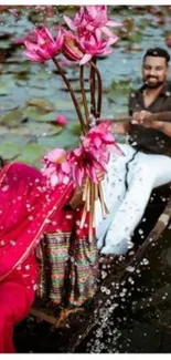 Couple enjoying a romantic boat ride with lotus flowers.