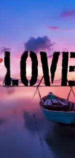 Romantic sunset with boat and love text.