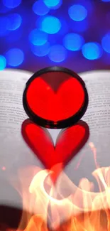 Red heart shape light on open book, blue bokeh background.