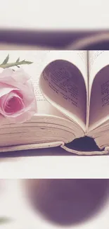 Romantic book heart pages with pink rose mobile wallpaper.