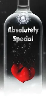 Romantic mobile wallpaper with a bottle and red heart design on a black background.