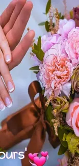 Hands with pink flower bouquet against text.