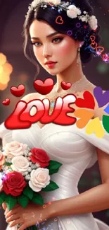 Beautiful bride with bouquet and 'love' text on mobile wallpaper.