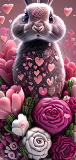 Charming bunny with pink hearts and flowers in a romantic design.