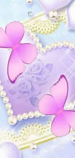 Mobile wallpaper with purple hearts and pink butterflies, featuring elegant designs.