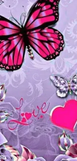 Mobile wallpaper with pink butterflies, hearts, and purple roses.