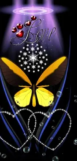 Vibrant butterfly with love text and sparkling hearts on a dark themed wallpaper.