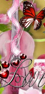 Romantic wallpaper with butterfly, roses, and love text.