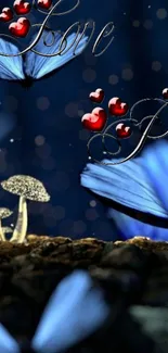 Romantic night wallpaper with blue butterflies and glowing mushrooms.