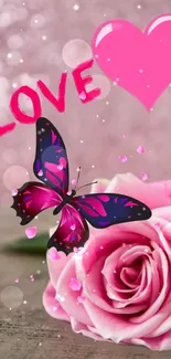 Romantic wallpaper with pink rose and butterfly